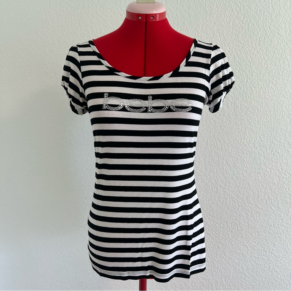 Bebe Black and White Striped Short Sleeve Top Large